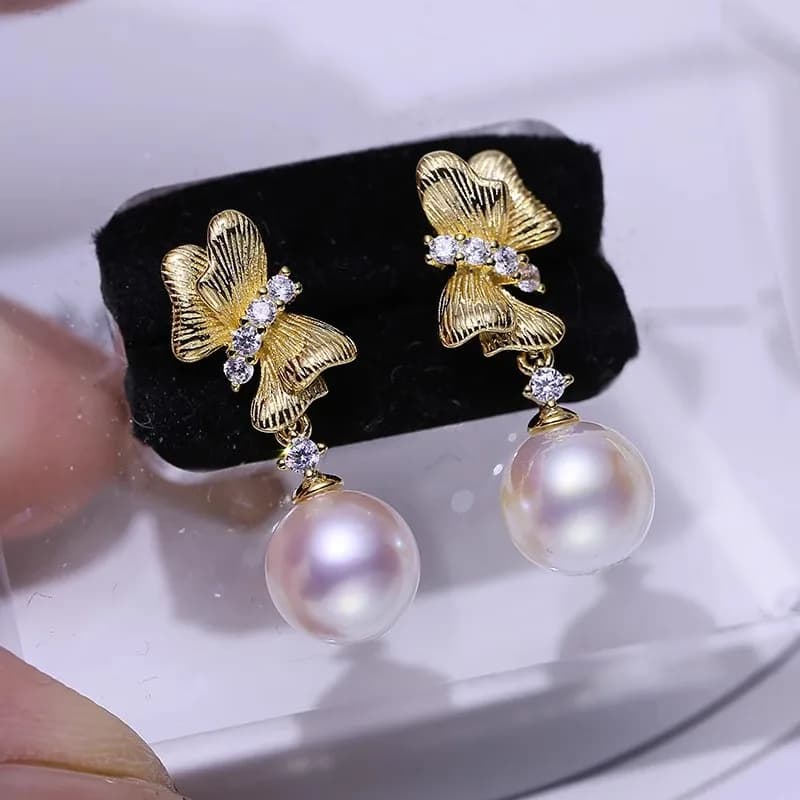 MeiBaPJ butterfly-shaped earrings with natural pearls almost round 8 mm, 925 silver wedding jewelry for women