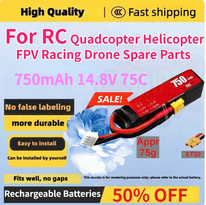 Nuova Batteria Lipo 750mAh 14.8V 4S 75C per Quadricottero RC, Elicottero, Drone da Corsa FPV, Ricambio Ricaricabile