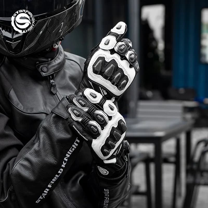 STAR FIELD KNIGHT Motorcycle Gloves Men Goatskin Leather Touchscreen Carbon Fiber Knuckle Full Finger Outdoor Riding Gloves