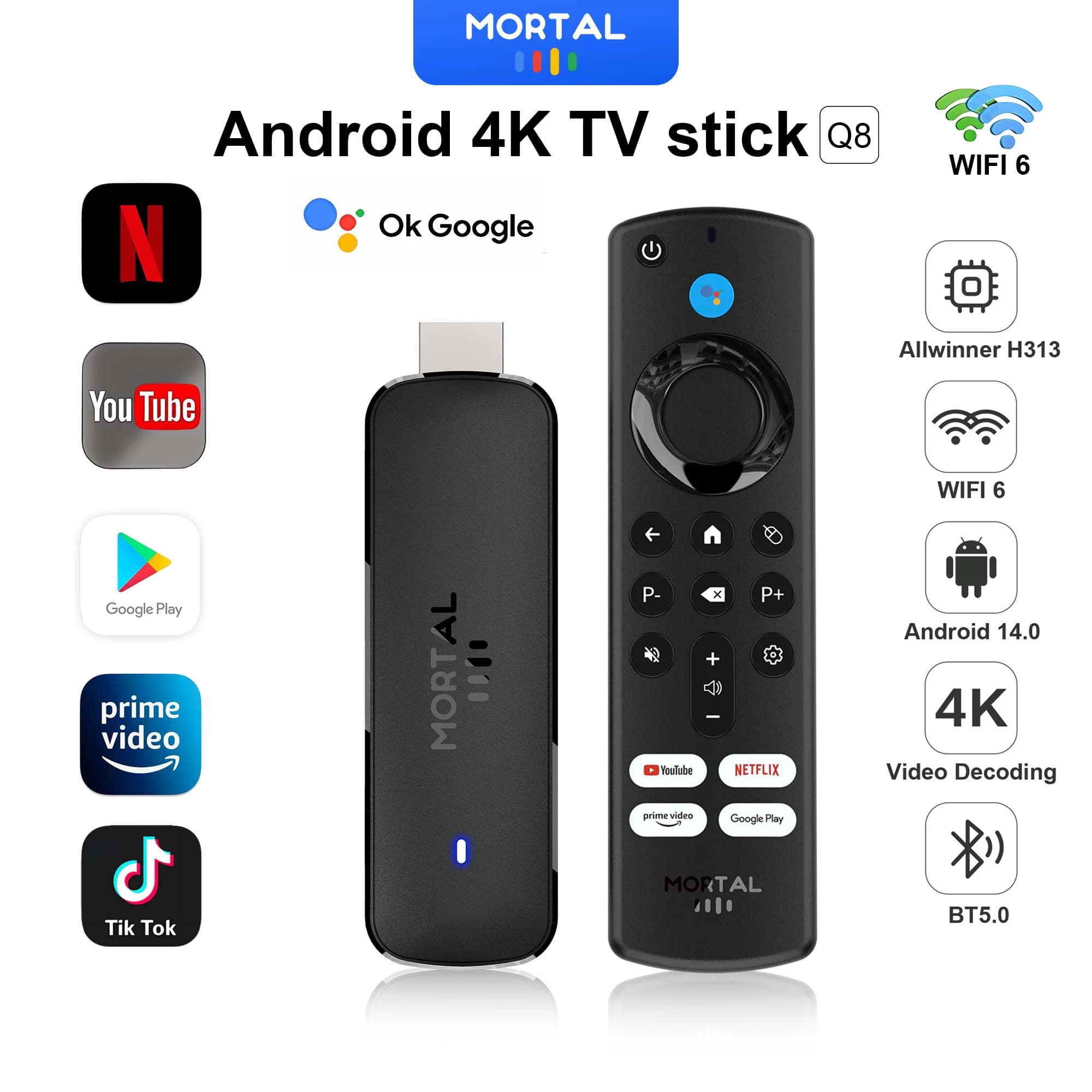 Android TV Stick Mortal Q8 Versione Globale Telecomando Vocale Android14 8K 4K Video Wi-Fi6 Netflix YouTube Streaming veloce TV stick