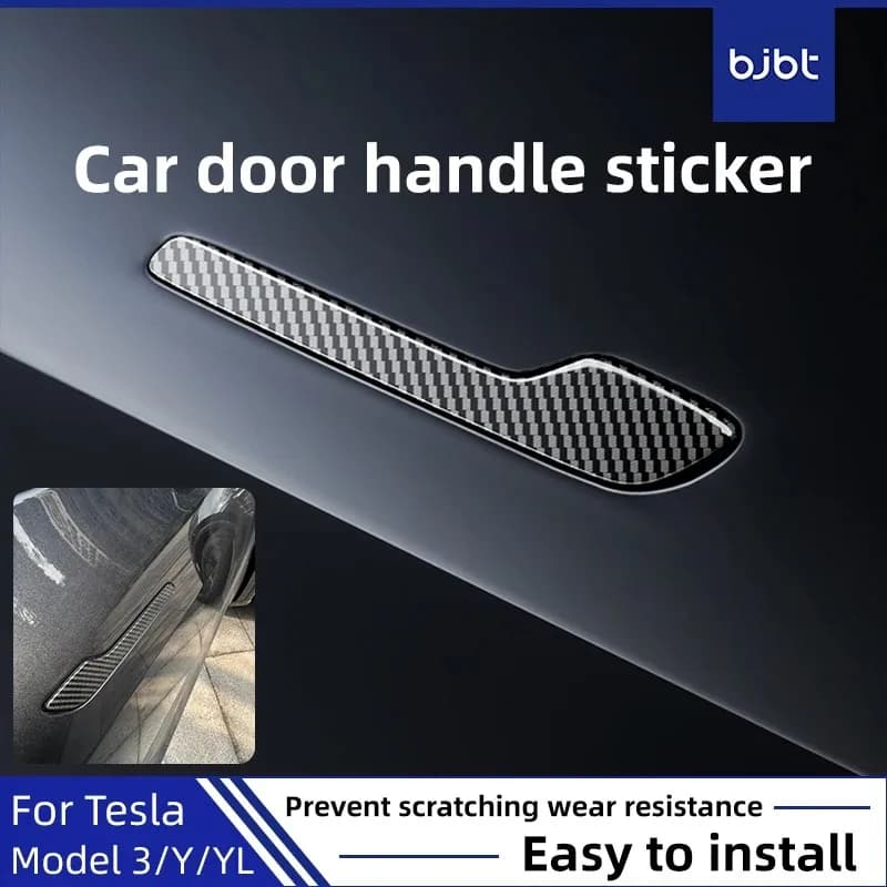 BJBT Per Tesla Model 3/Y/YL Highland, Striscia Decorativa per Maniglia Porta Auto, Adesivo Protettivo con Motivo in Fibra di Carbonio, Accessori 4 Pezzi