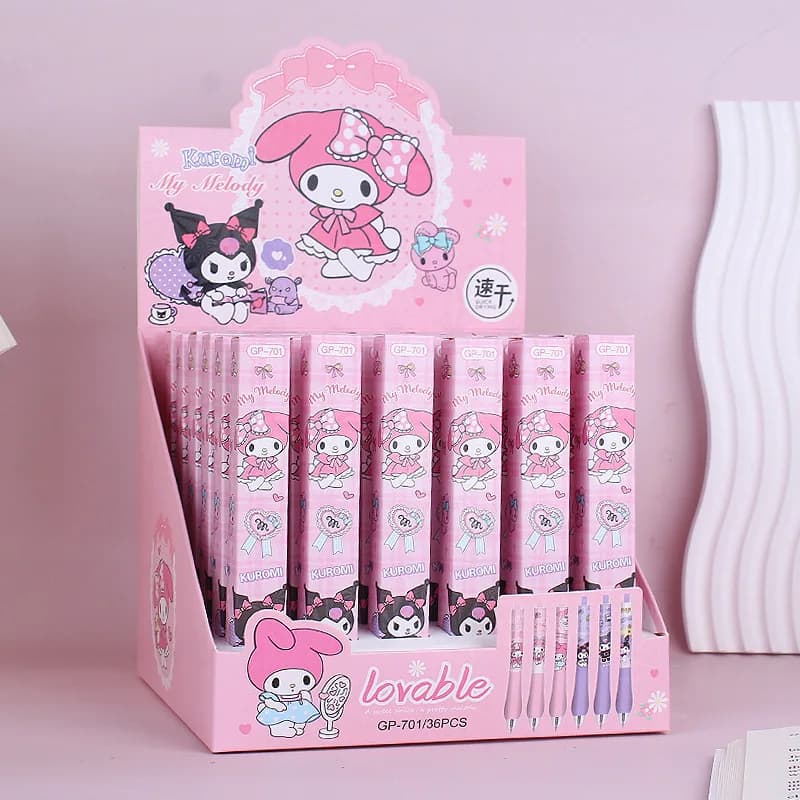 36 pezzi/scatola Penne Gel Retrattili Cartoon Kuromi My Melody Punta 0.5mm Inchiostro Nero ad Asciugatura Rapida Impugnatura Morbida in Spugna Regalo per la Scuola