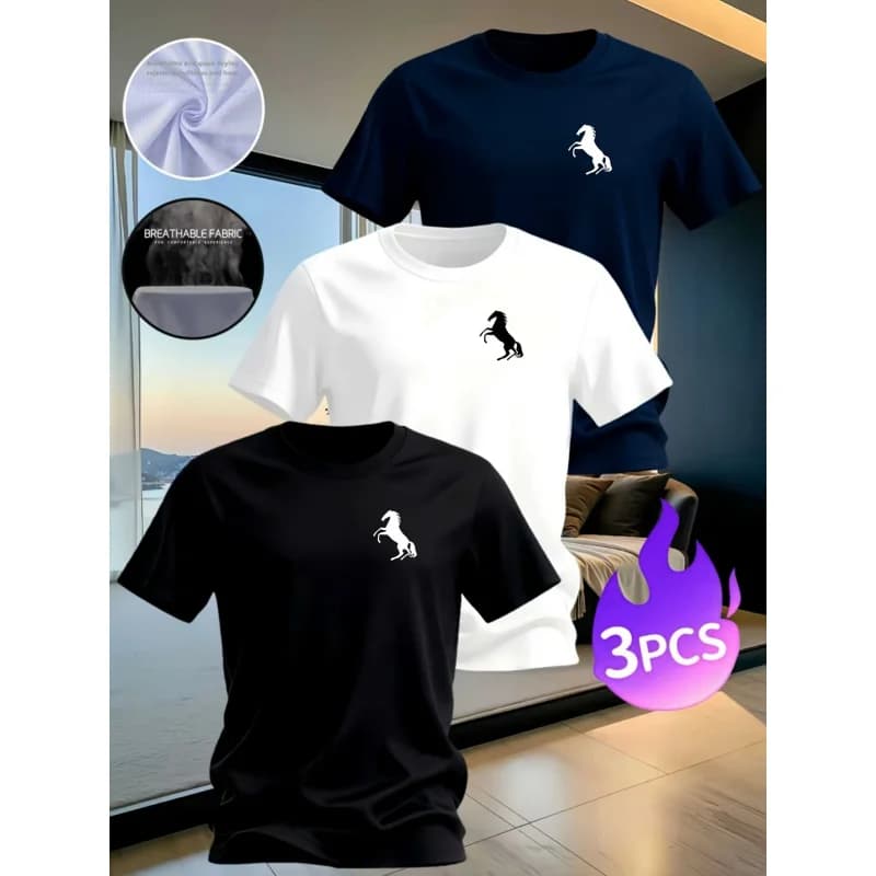 Three-Piece Men'S SetTT-Shirt And Home Wear Round-Neck Short-Sleeve Casual Pajamas Quick-Drying, Breathable, And Sweat-Absorbent