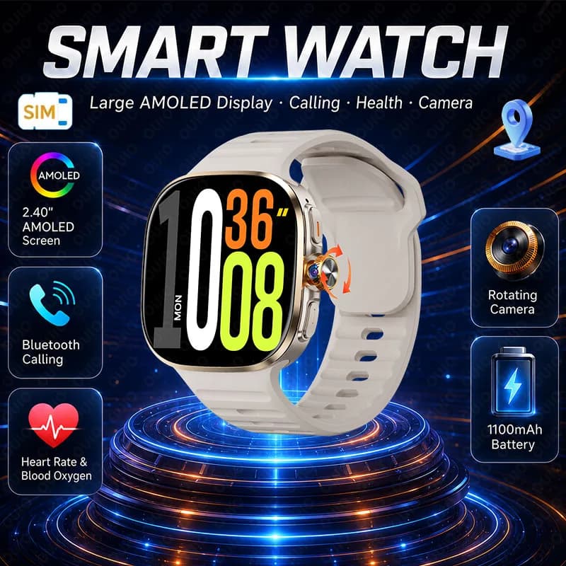 2026 4G 5G SIM Card Smart Watch Rotating Camera Small Fast Internet 16+1256GB NFC GPS WiFi Voice Call Large Battery Smart Watch