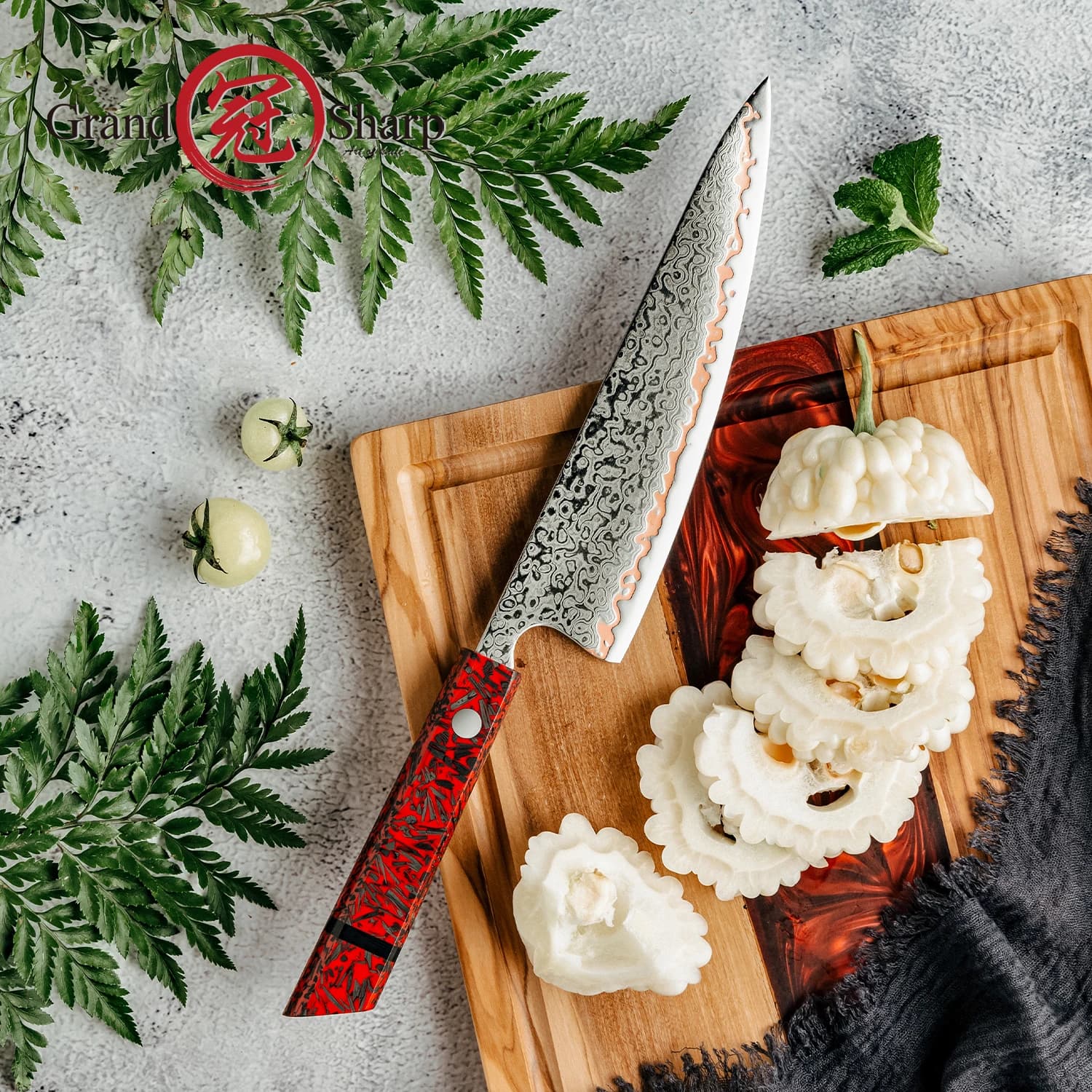 Coltello da chef Grandsharp 8 pollici 55 strati lama in acciaio di Damasco resina rossa manico in fibra di carbonio coltello da cucina regalo per chef