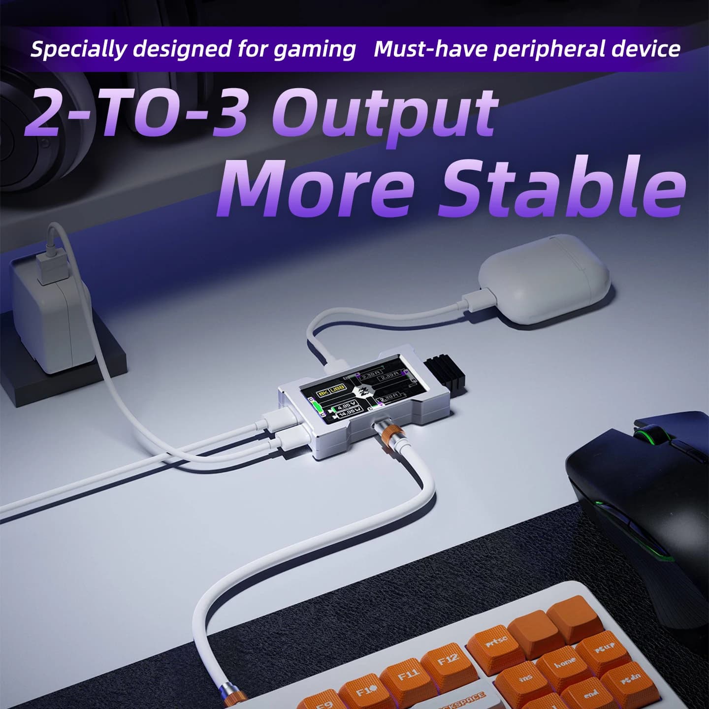 HMHUB Gaming USB Hub - 2-To-3 Port 8K Hz Independent Power With Screen For Gaming Ambience Desk Setup