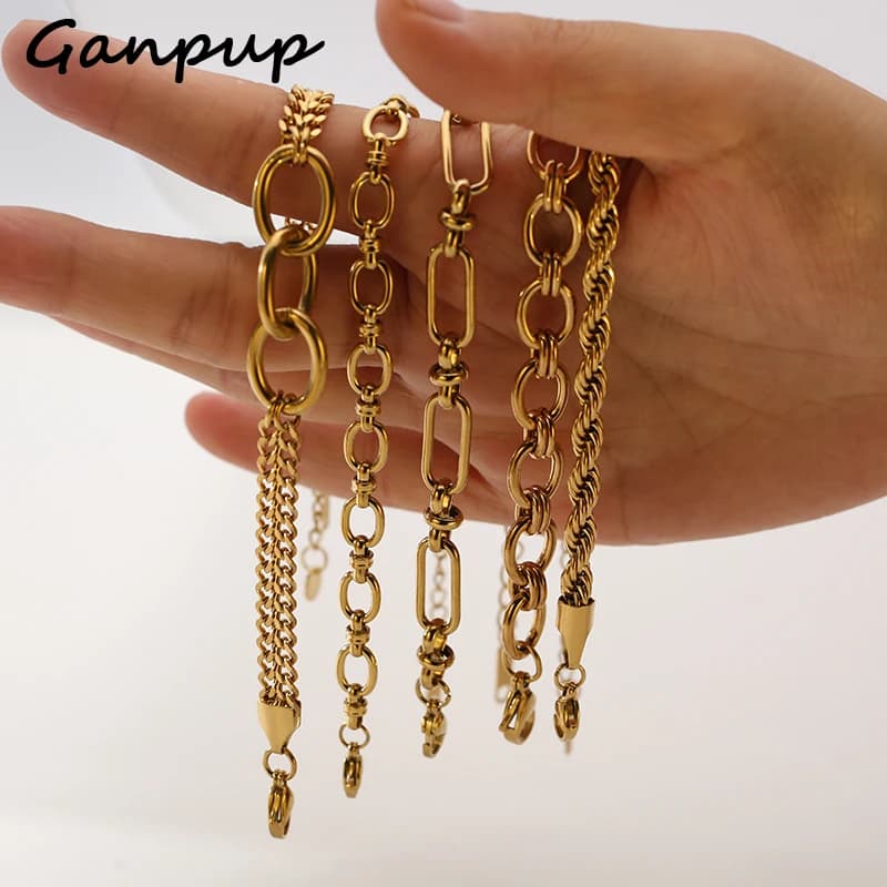 GANPUP Bracciale rigido a catena dorata in acciaio inossidabile 316L Bracciale minimalista geometrico in metallo Gioielli impermeabili Uomo Donna Regalo