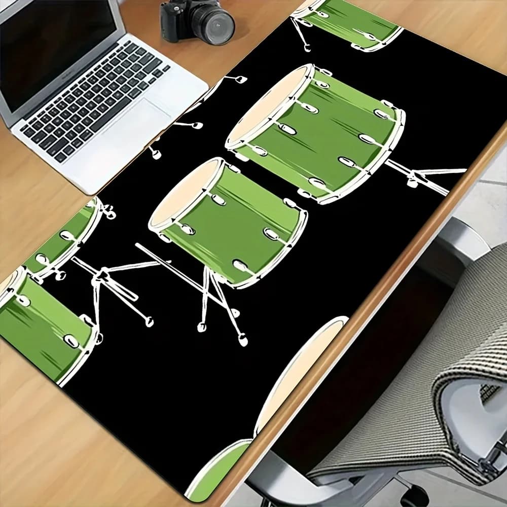Large Green Drum Pattern Mouse Pad Non Slip Rubber Base 15.7x31.4 Inch Stylish Music Design for Home Office Desktop Decoration