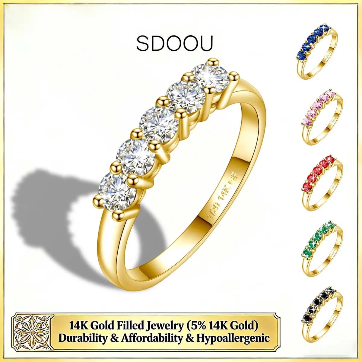 SDOOU Classic 14K Gold Filled Five Stone 0.2ct Moissanite Ring D Color Wedding Band Anniversary Christmas Party Gifts For Women