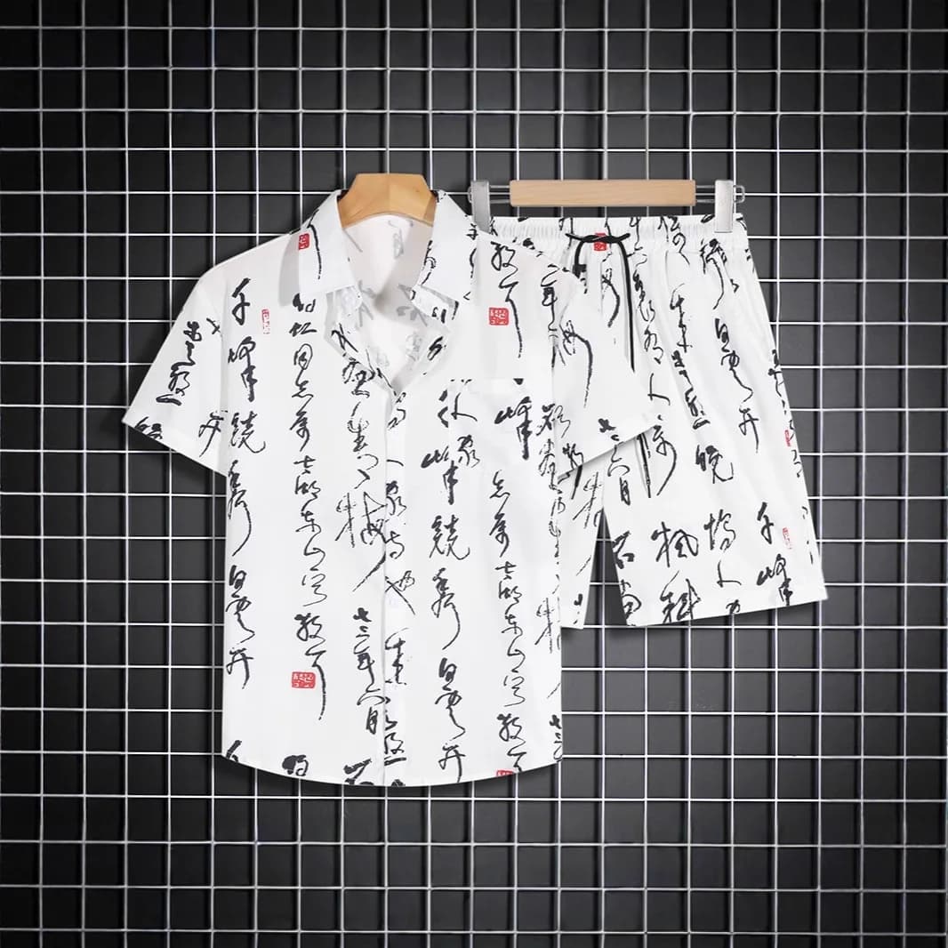 Fashion Youthful Hawaii leaf calligraphy 3D Print shirt +Shorts Short Sleeve Flip collar shirts half pants Two Piece Set
