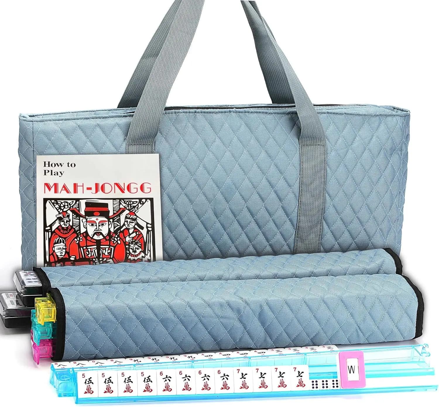 Set Mahjong Americano con 166 Tessere Incise, Borsa Trapuntata Grigio Perla, 4 Supporti/Spingitori - Gioco Completo Stile Occidentale