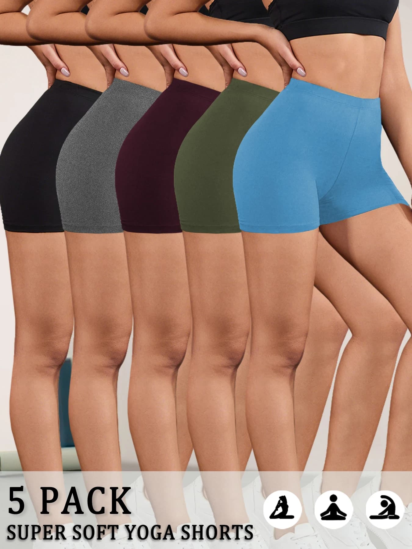 Pack of 5 women's cycling shorts, super soft, highly elastic, anti-squat, for yoga, running, gym, fitness and sports