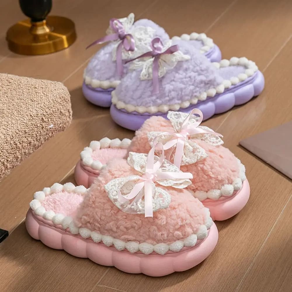 Pantofole con papillon in peluche con fiocco in pizzo color caramello Pantofole in pile di corallo antiscivolo con suola spessa Scarpe da interno per la casa dolce per la casa