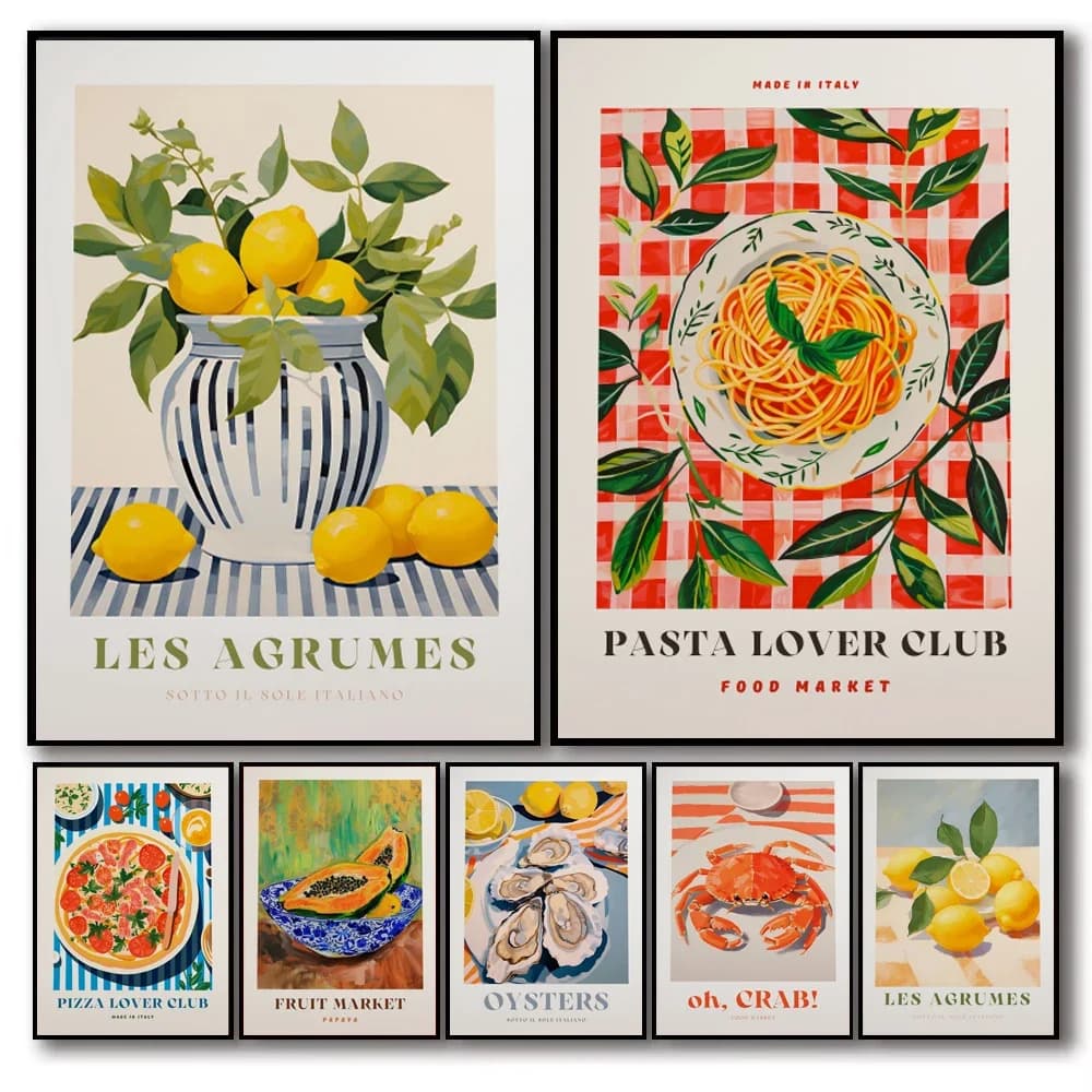 (No frame)Retro Italian Traditional Food Oysters Lemon Pizza Liquer Illustration Poster Canvas Painting Wall Pictures Home Ki