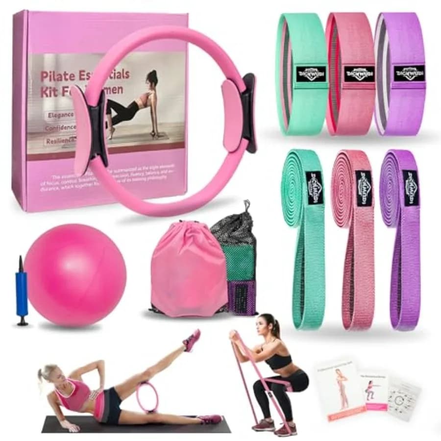 Kit Essenziale Pilates per Casa Donna, Attrezzatura Pilates per Allenamenti, 6 Fasce di Resistenza in Tessuto, Cerchio Magico Yoga da 12 Pollici