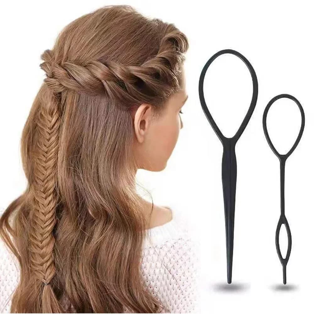 Set da 2 pezzi di strumenti per creare coda di cavallo, clip in plastica nera per capelli, accessorio per acconciature, strumento per intrecciare e modellare i capelli per donne e ragazze