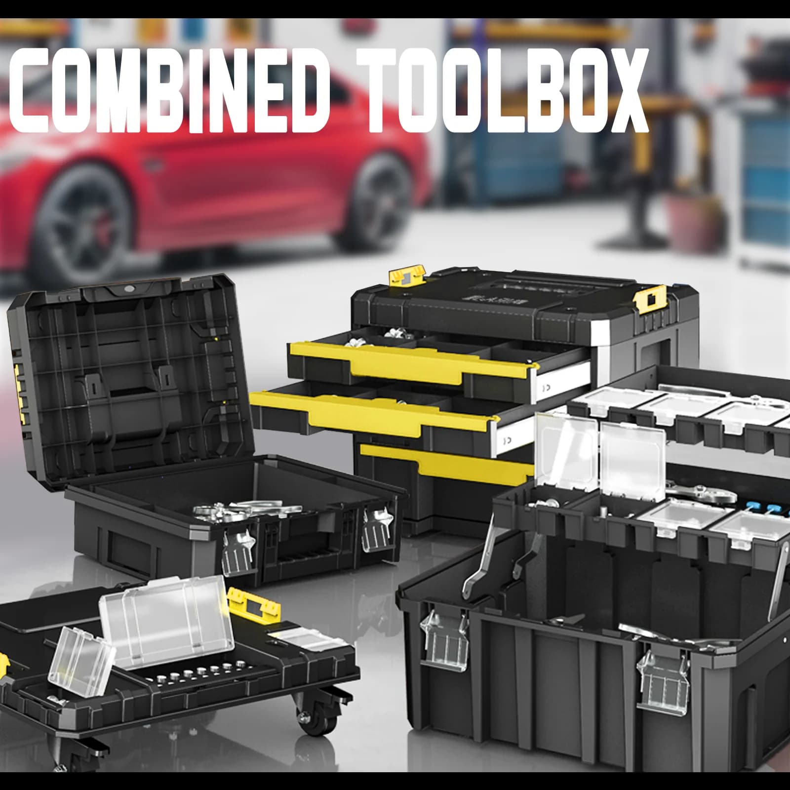 AIRAJ Cassette degli attrezzi impilabili FlatTop con serratura Tote Storage Toll Storage Trapano Avvitatore Martello Smerigliatrice angolare Con pulegge SCATOLA