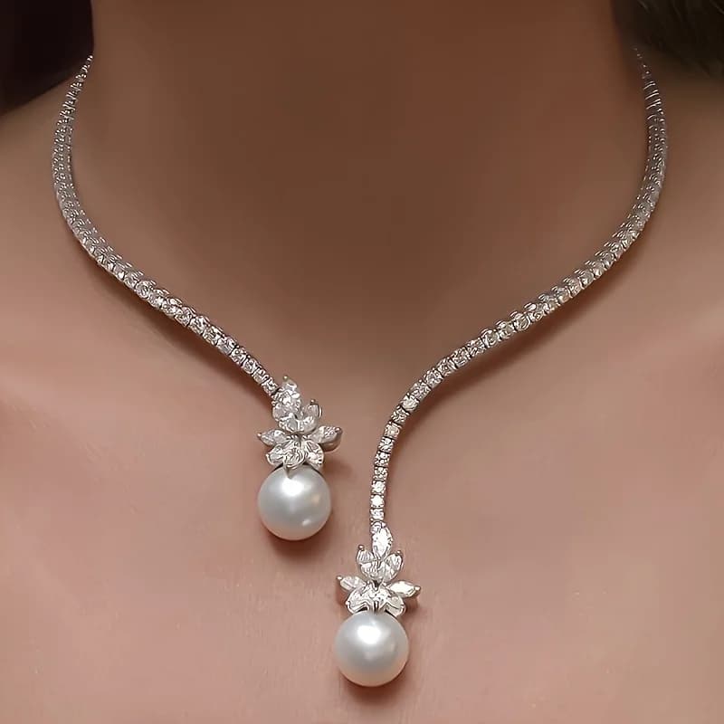 Ladies Fashion Luxury Pearl Diamond Necklace Bridal Engagement Anniversary Jewelry Gift