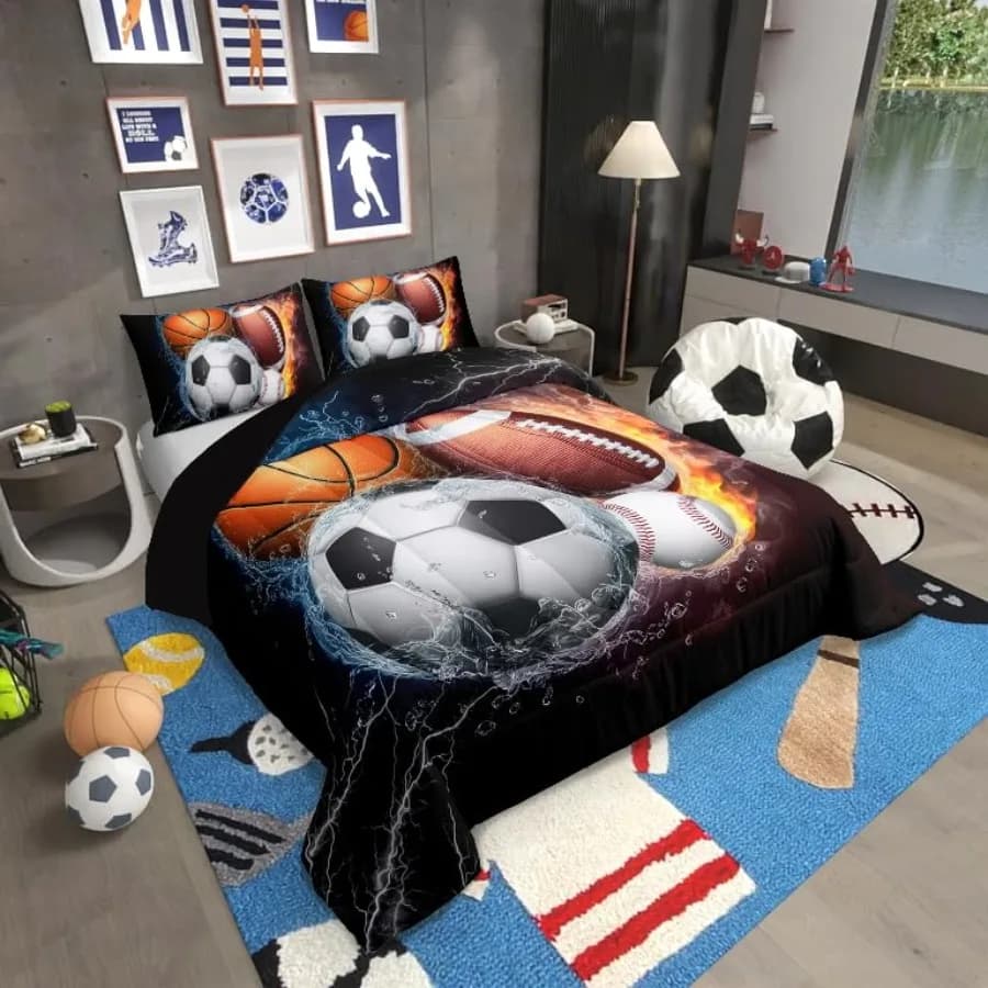 Set di Biancheria da Letto a Tema Calcio, Set Copripiumino Baseball, Set Copripiumino Basket, Copripiumino Calcio con 2 Federe, Decorazione per Camera Sportiva