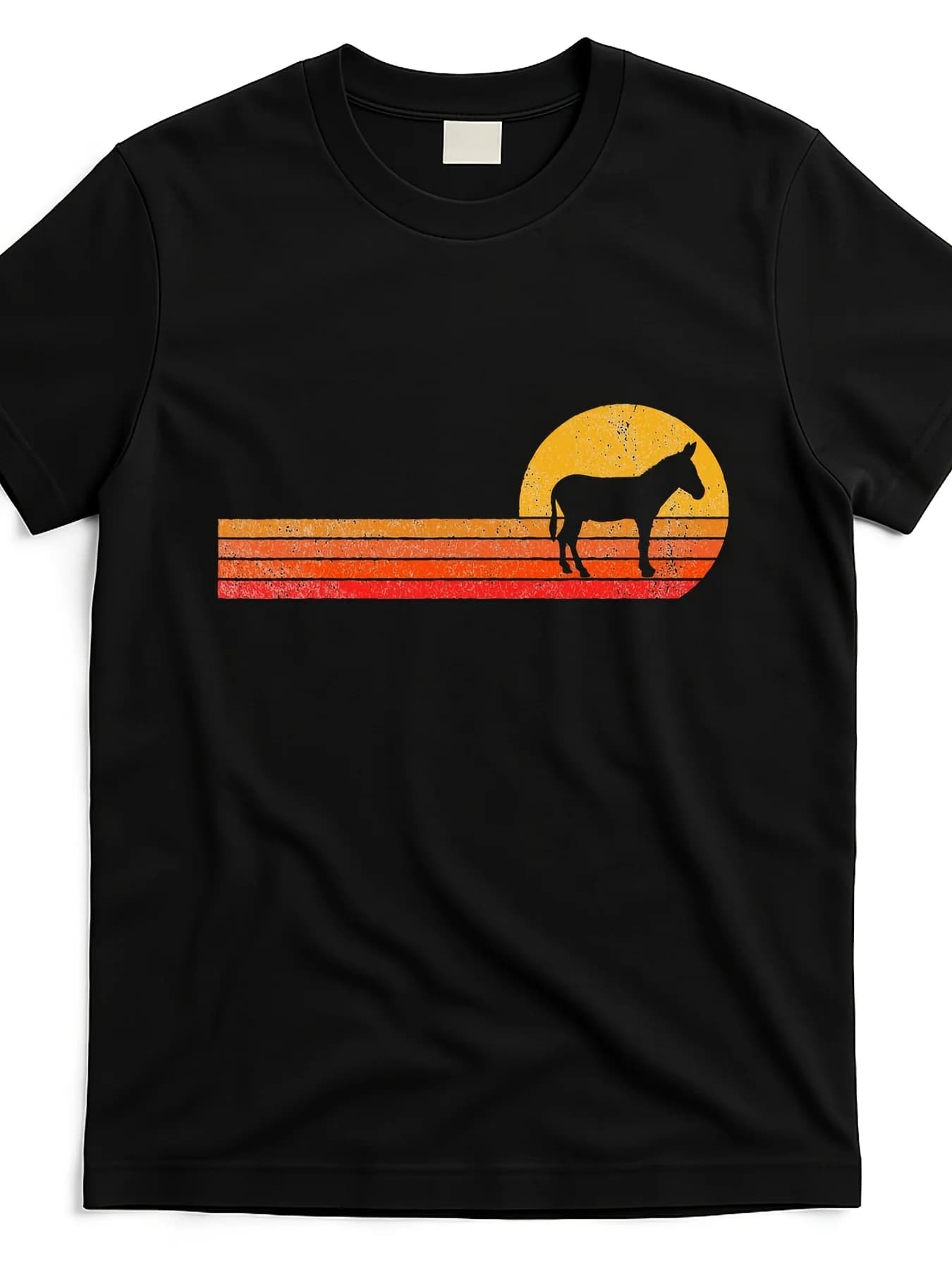 Black retro crew neck t-shirt with horse silhouette and sunset stripes | Vintage design with Horse motif
