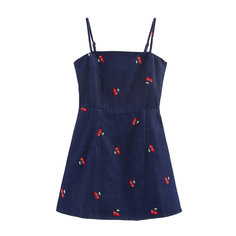 Summer New Temperament Fashion Low Neck Sleeveless Fruit Embroidered Suspender Dress Women
