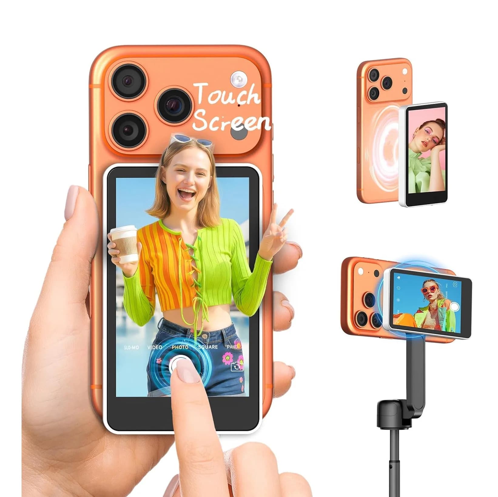 Monitor selfie da 4 pollici con touchscreen, magnetico, mirroring wireless, fotocamera posteriore per iPhone e Android, supporta video per selfie, vlog e live.