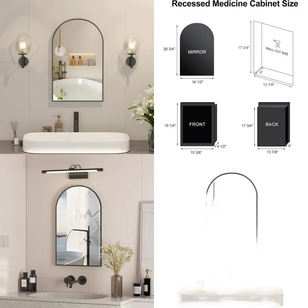 Armadietto medico curvo nero con specchio e vano portaoggetti per bagno, montaggio a superficie, 14x18