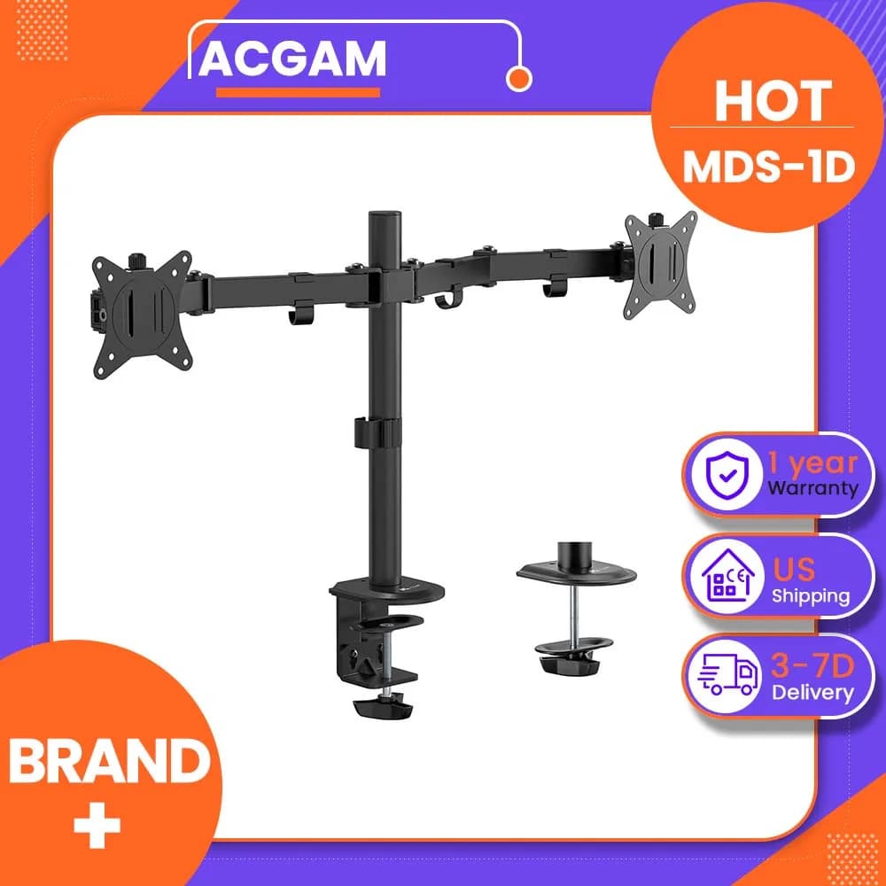 ACGAM MDS-1D Dual Monitor Arm, Heavy-Duty Steel VESA Mount Stand for 17"-32" Screens, ±45° Tilt, ±90° Swivel, ±180° Rotation, Height & Extension Adjustable, Cable Management, Desk Clamp & Grommet Mount for Office & Gaming