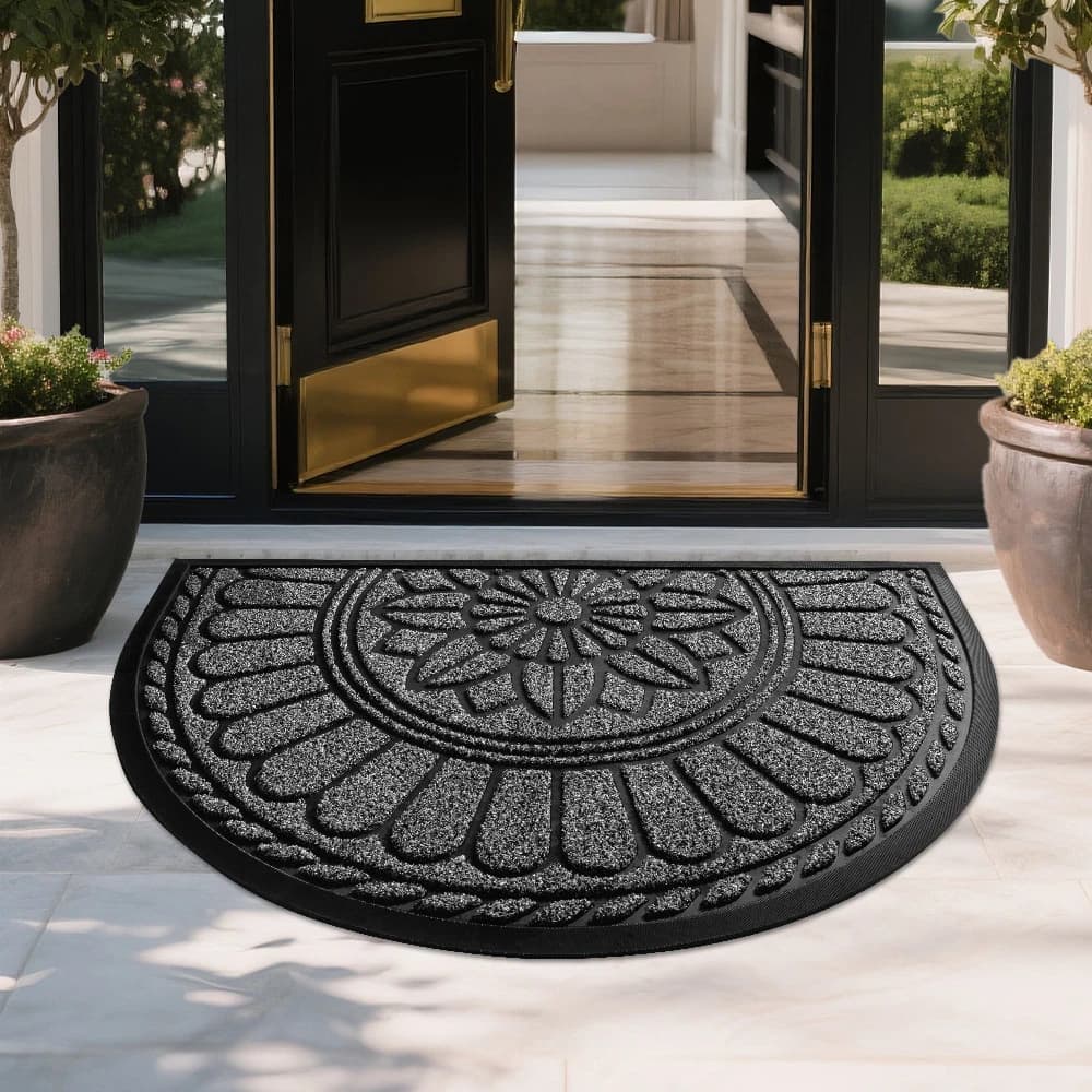 Dark Gray non-Coir Embossed Floral Half Round Doormat & Entryway Floor Mat for Modern Minimalist Front Entry Space