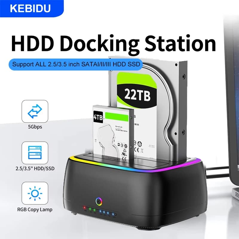 Docking station per HDD RGB Adattatore da SATA a USB 3.0 per custodia HDD SSD da 2,5/3,5 pollici Custodia per disco rigido HDD Accessori per PC