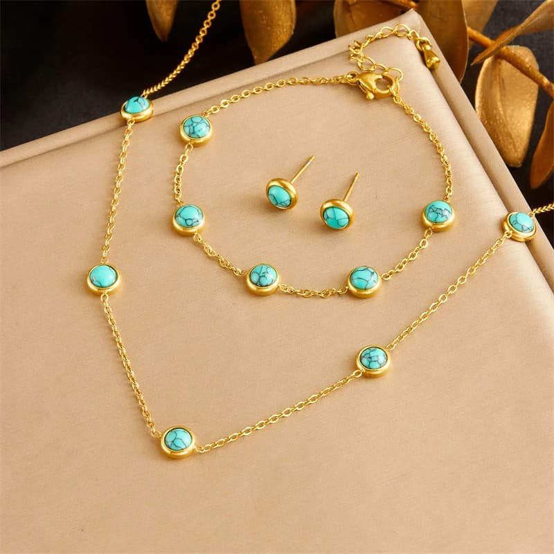 Set di orecchini con bracciale e collana rotonda in acciaio inossidabile 316L turchese per donna 2024 Nuova tendenza Set di gioielli non sbiaditi