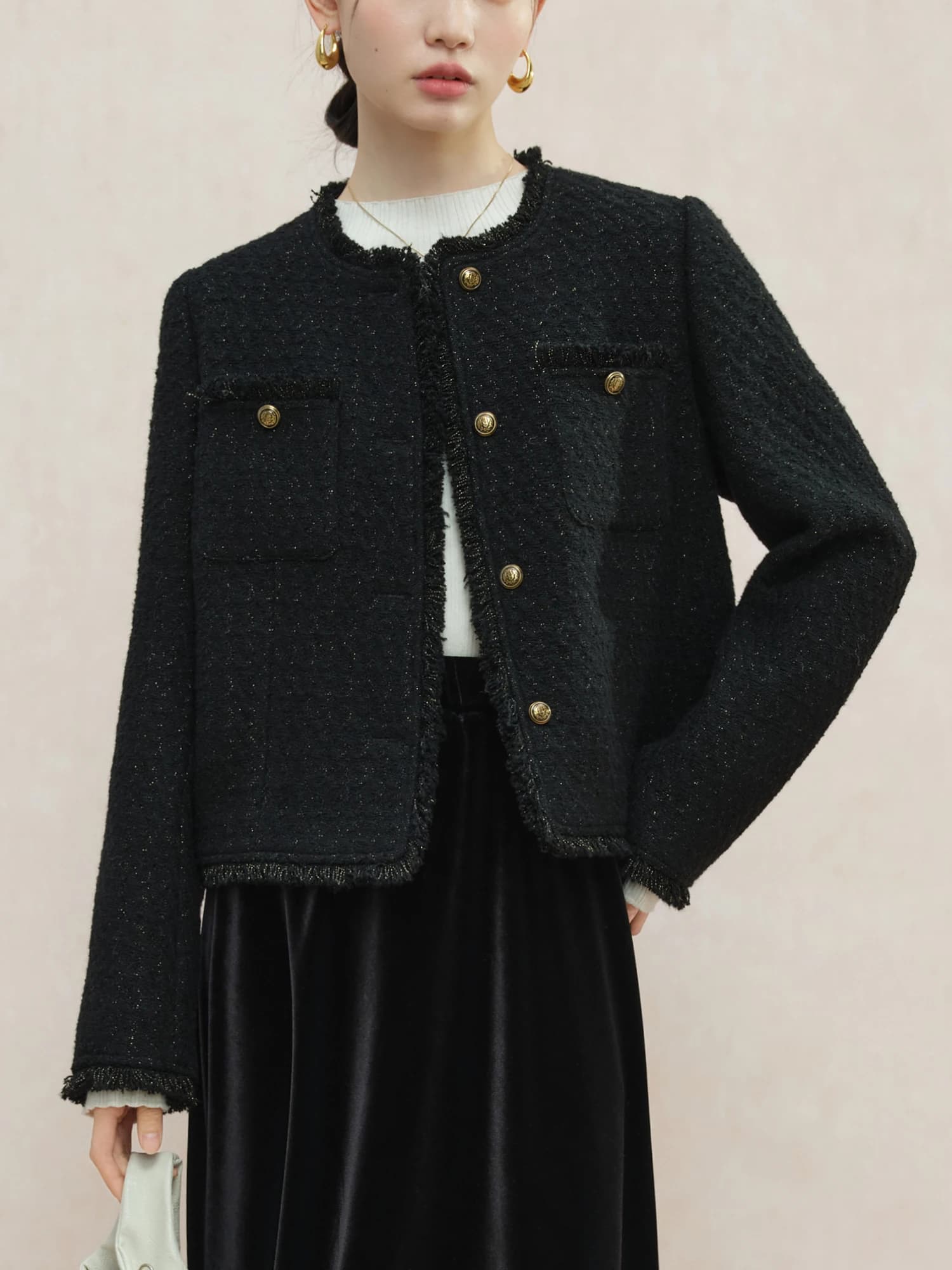 ZIQIAO Donna Giacche di tweed Inverno 23,4% lana Temperamento nero Cappotti di lana corti Girocollo Giacca monopetto 24ZQ94230