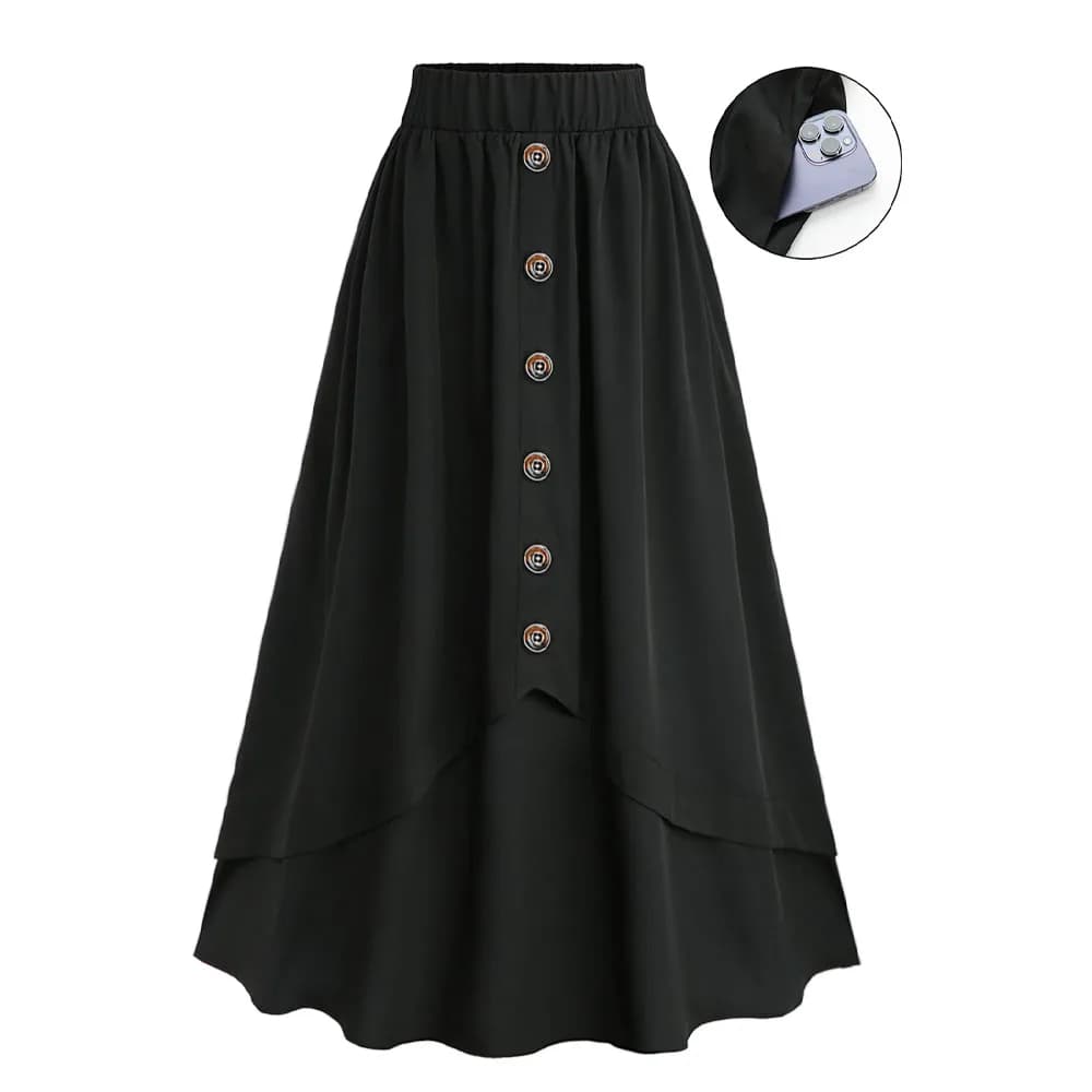 ROSEGAL Gonne longuette svasate a vita alta elasticizzate vintage da donna taglie forti con tasche Gonna a strati con bottoni finti casual neri 5XL