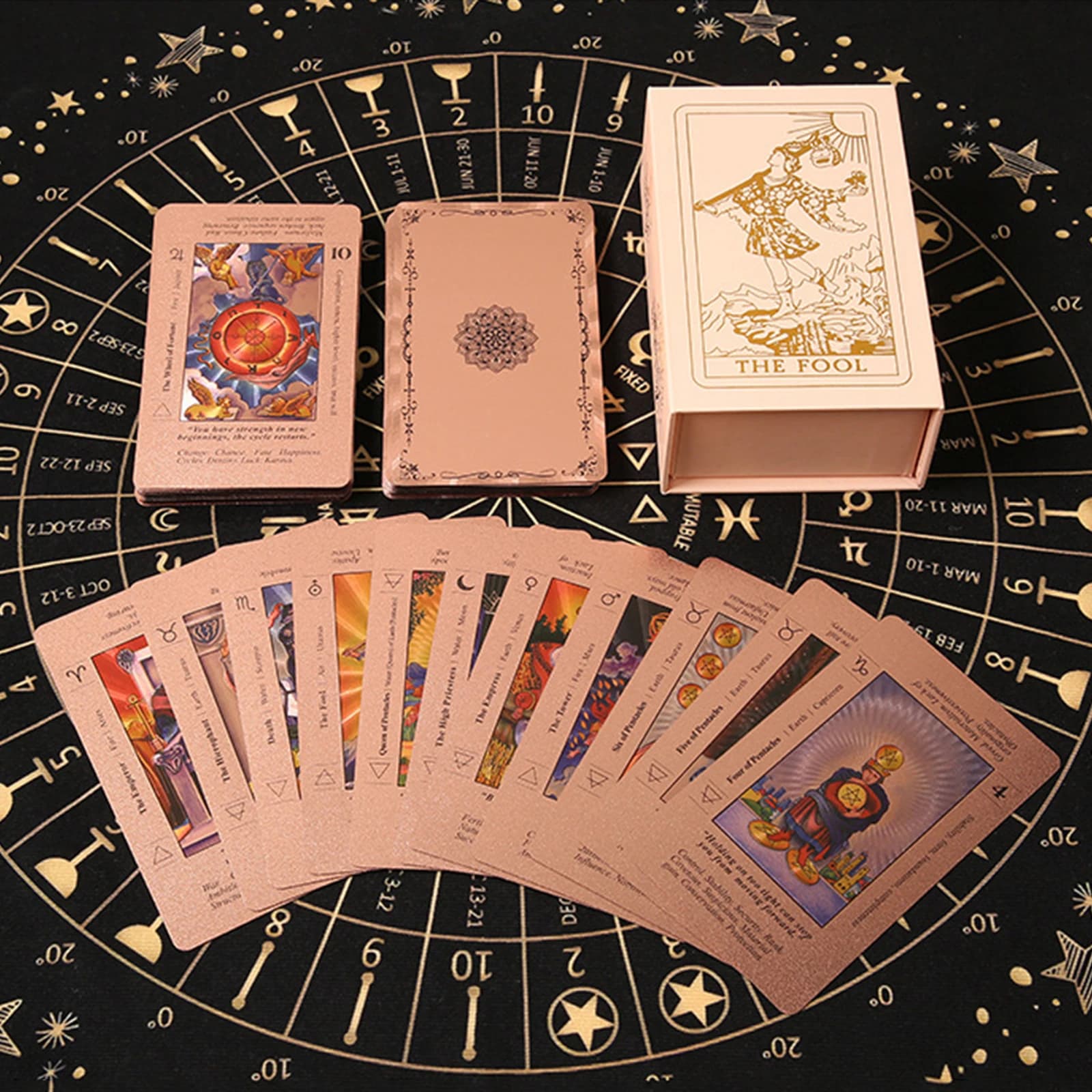 Set di 78 Carte dei Tarocchi Art Nouveau Dorate, Gioco da Tavolo Impermeabile in PET con Lamina Oro Rosa per Principianti e Divinazione