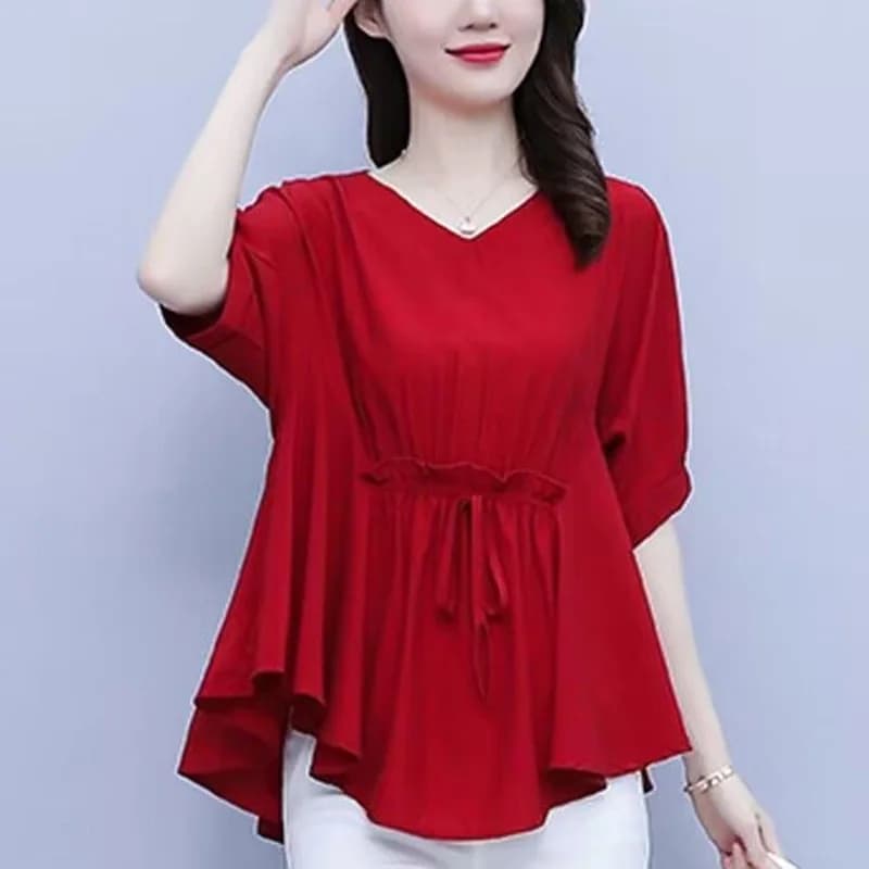 Elegante Camicetta con Scollo a V, Larga e con Arricciature, con Fiocco, Abbigliamento Donna, Nuova Collezione Estiva, Pullover Casual Oversize, Camicia Asimmetrica