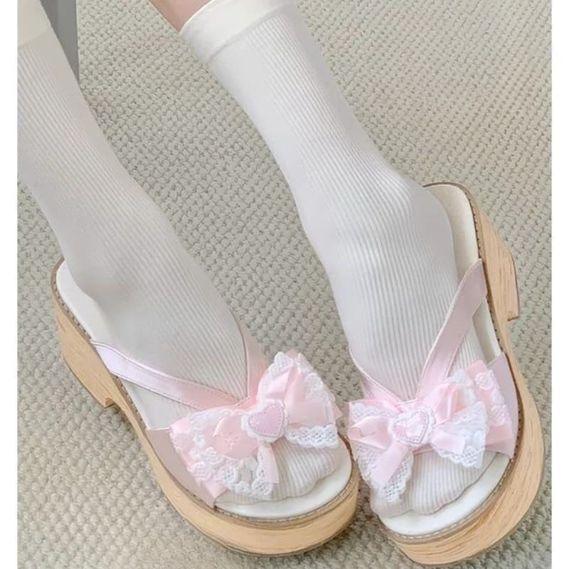 Sweet Bow Wood Grain Thick Bottom Platform Slippers Women Summer Japanese Cos Comfortable High Heeled Sandals Mary Jane Shoes