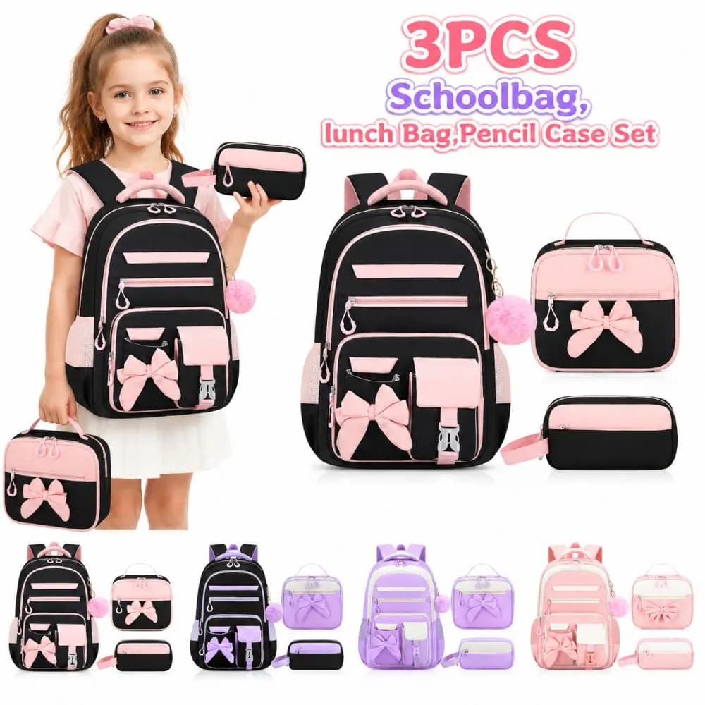 3PCS Cartoon Backpack,lunch Bag,Pencil Case Set Large Capacity Oxford Cloth Bow-knot Schoolbag Set Lightweight Waterproof