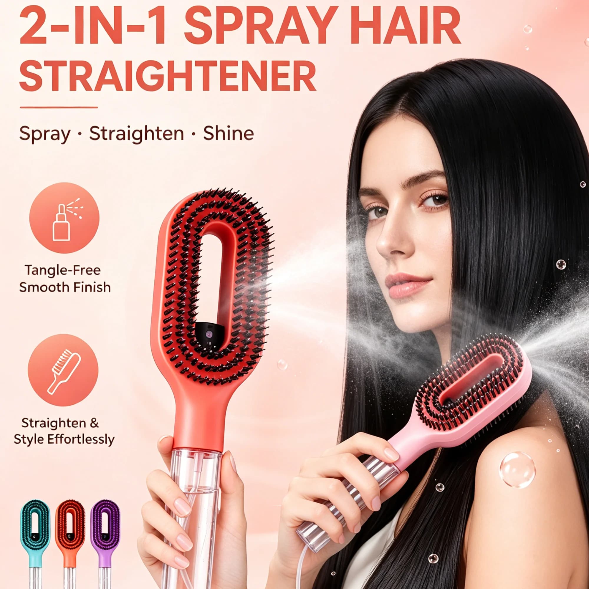 2 In 1 Spray Hair Paddle Comb Soft Round Bristle Detangler Brush Wet Dry Anti Static Moisturizing Fluffy Salon Hair Tool Gift
