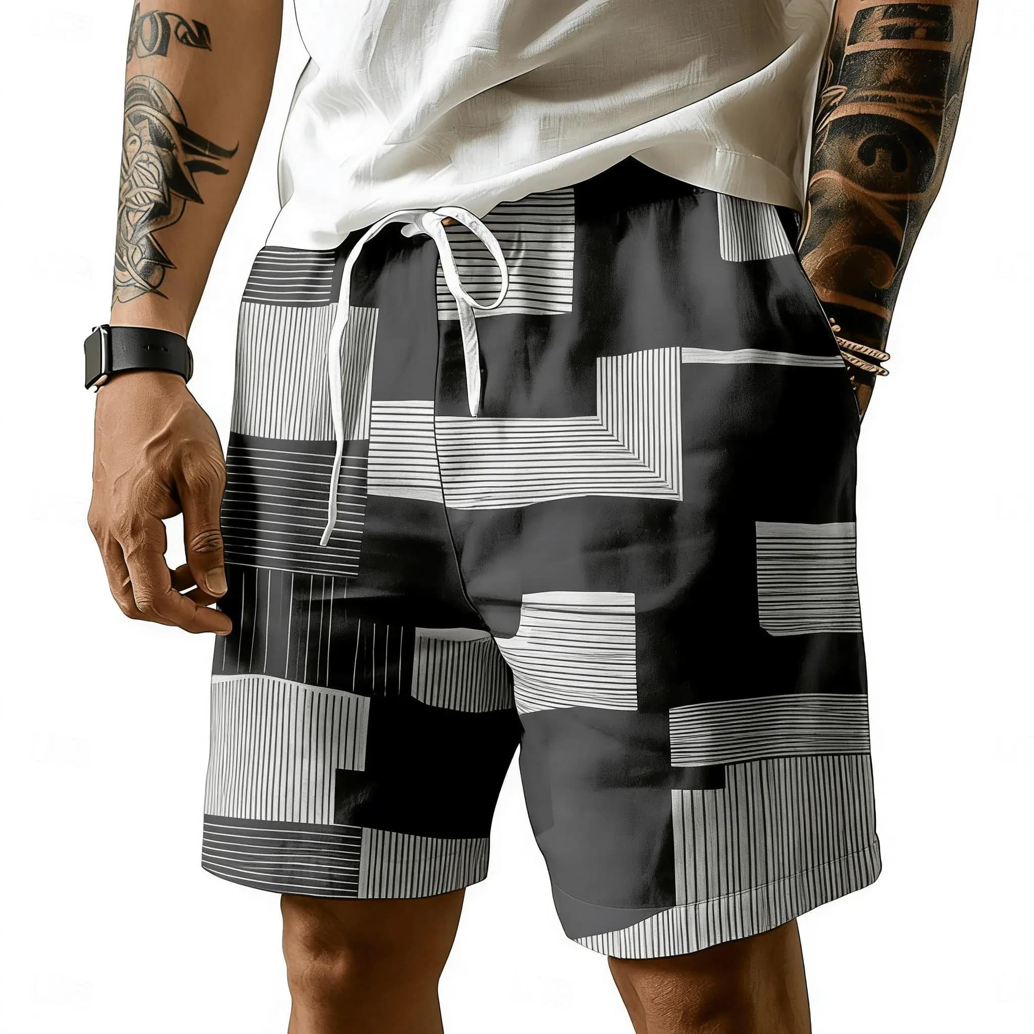 Men's Geometric Stripe Patchwork Print Drawstring Shorts, Spring Summer Minimalist Streetwear Casual Shorts, Loose Beach Shorts