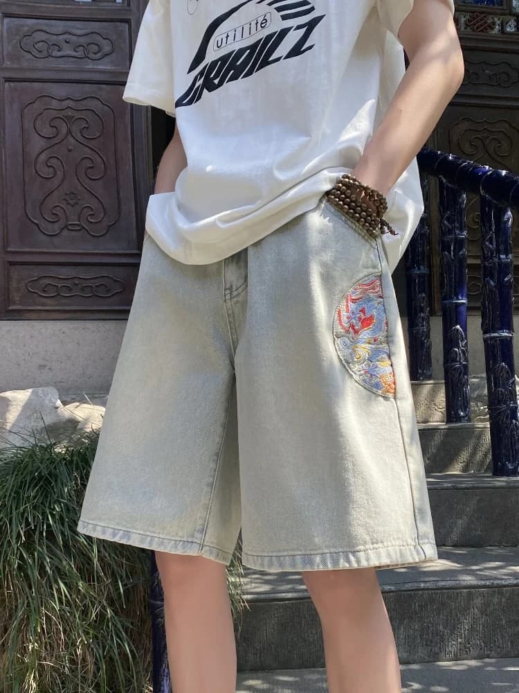 Men's Summer Design Sense Jeans Shorts Label Embroidery New Chinese Style Straight Loose Middle Pants Five-Point Pants