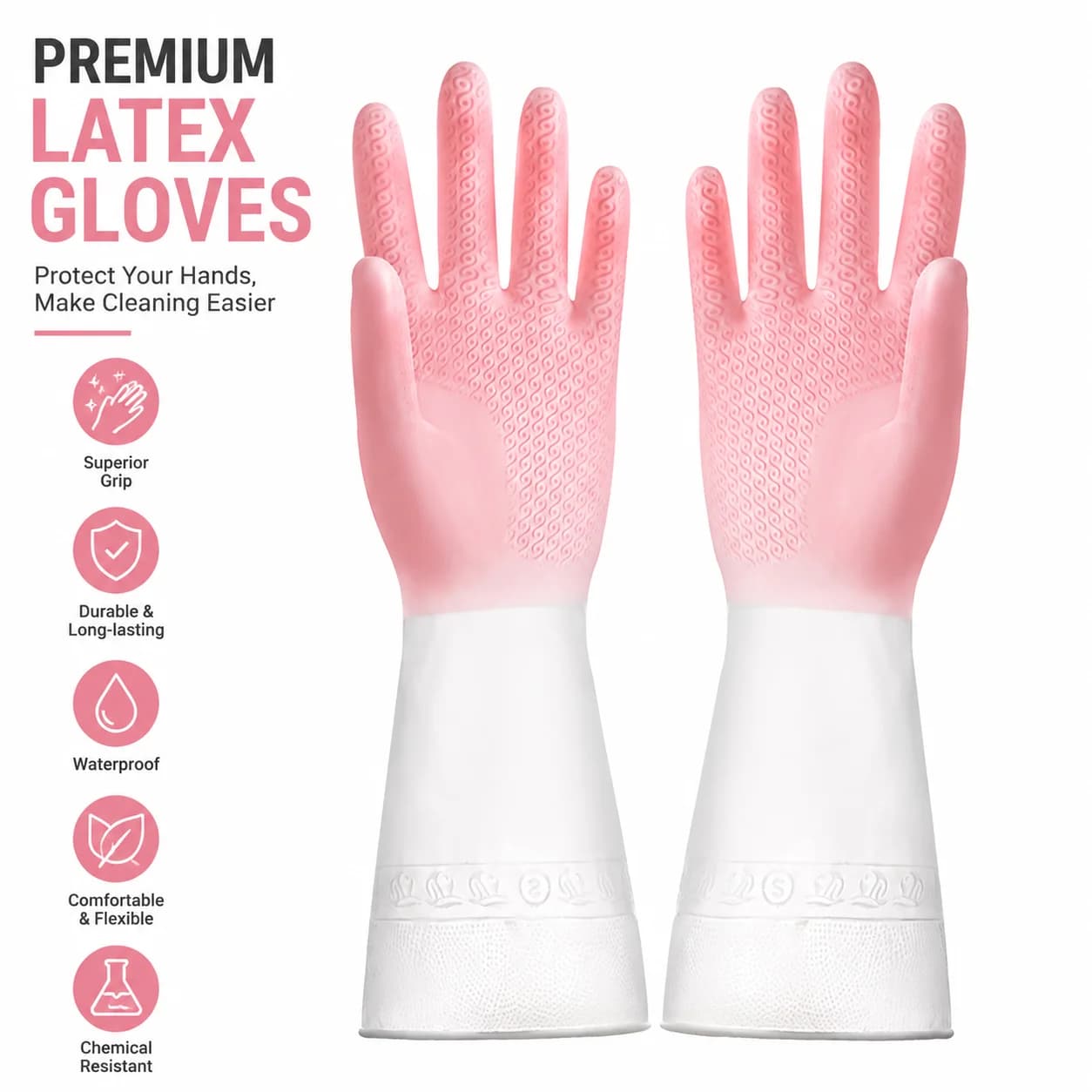 Waterproof Reusable Latex Cleaning Gloves with Non-Slip Grip for Kitchen Bathroom Household Rubber Gloves for Cleaning