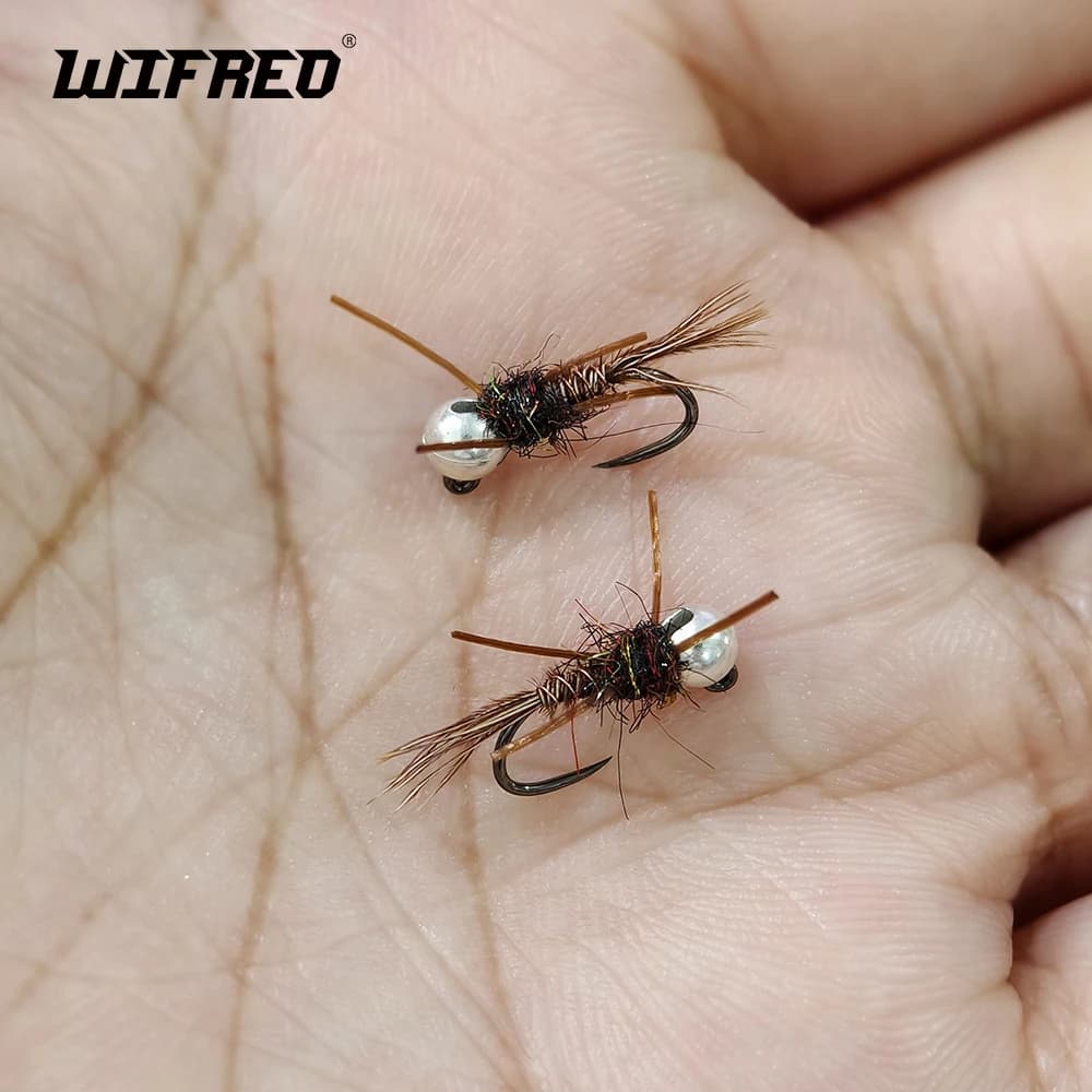 Wifreo 6 pezzi # 14 # 16 Testa di perline argentate Affondamento rapido Jig senza ardiglione Ninfa Fly Gambe in gomma Coda di fagiano Esca artificiale per la pesca