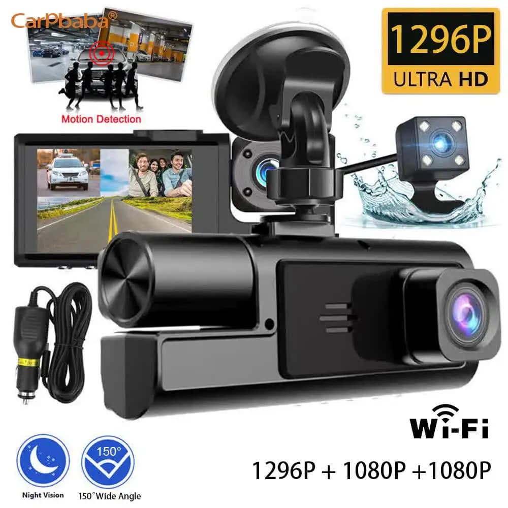 DVR 1296P 2/3 channel camera with front, internal and rear view, GPS, WIFI, Black Box, Dash Cam for cars, video recorder, vehicle accessories.