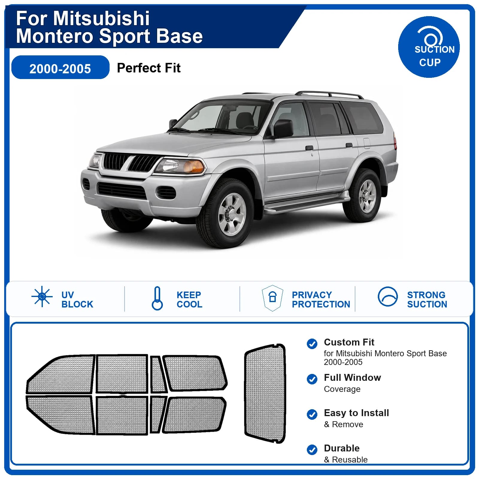 For Mitsubishi Montero Sport Base 2000-2005 Custom Full Set Windshield Sun Shade Aluminum Foil Heat Insulation Anti UV Foldable