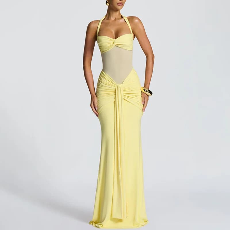 2025 New Style Long Dress Neck Hanging Bow Tie Mesh Splicing Drifting Belt Dress Ceremony Style Evening Gown mid Waist Silk