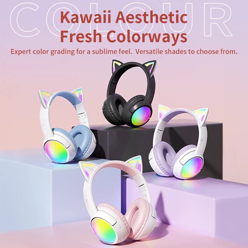RGB Glowing Cat Ear Gaming Headset, Wireless Bluetooth Headphones with 40mm Speaker, 350mAh Battery (10H Light-On Mode), Foldabl