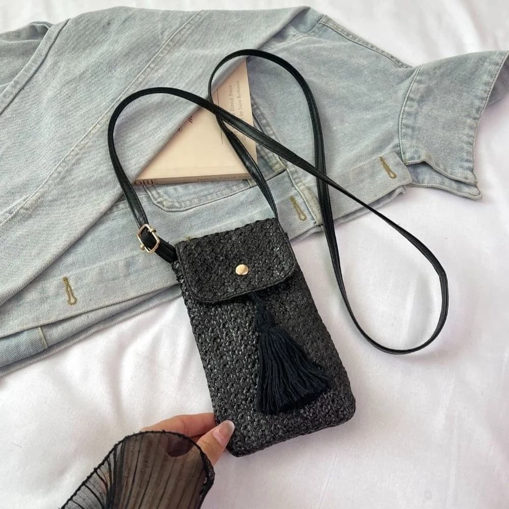 Borsa a secchiello da donna in paglia intrecciata, fatta a mano, con lunga nappa, stile coreano, design di nicchia, a tracolla, per telefono, estiva