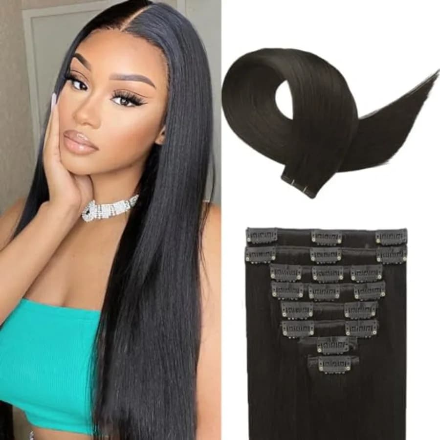 Clip in Hair Extensions Real Human Hair, 8pcs 16 Inch 10A Brazilian Virgin Remy Human Hair Clip in Extensions for Women Double