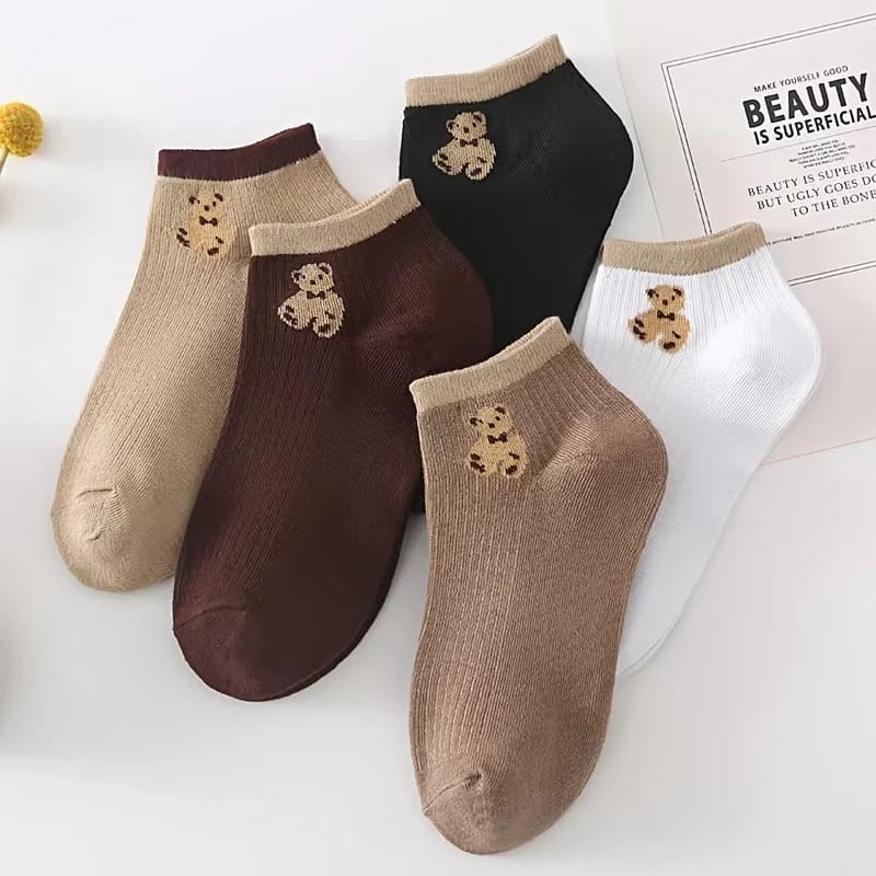 5 paia di calzini corti da donna - Stampa di orsacchiotti di cartone animato in stile coreano - Design scollato in tinta unita carino - Calzini casual alla moda