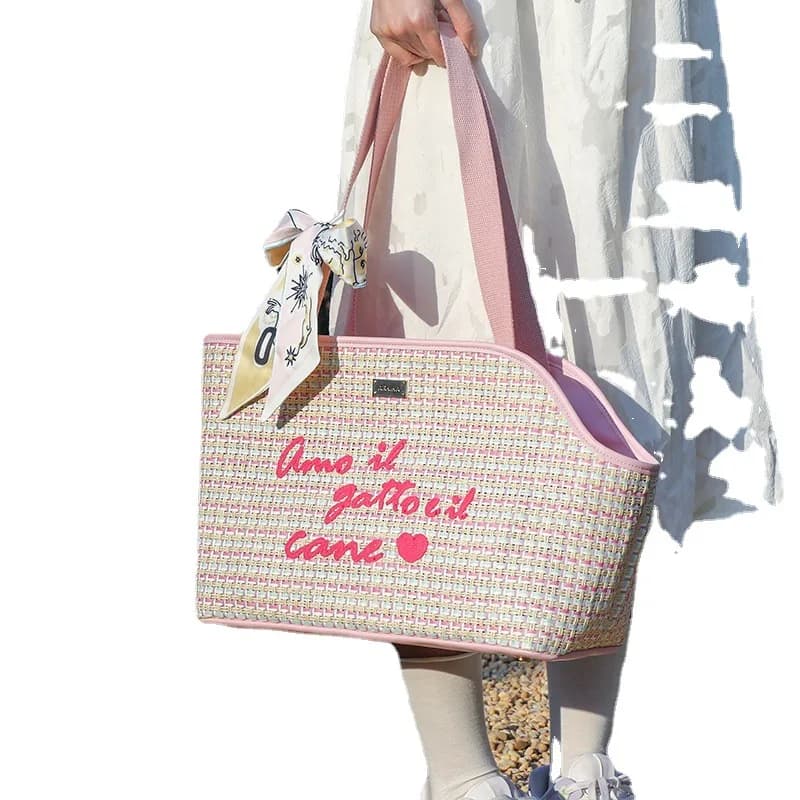 Borsa a Tracolla Intrecciata per Cani, Elegante Trasportino Estivo per Cani, Borsa Traspirante per Cuccioli e Gattini, Trasportino per Cani Piccoli e Medi con Rete
